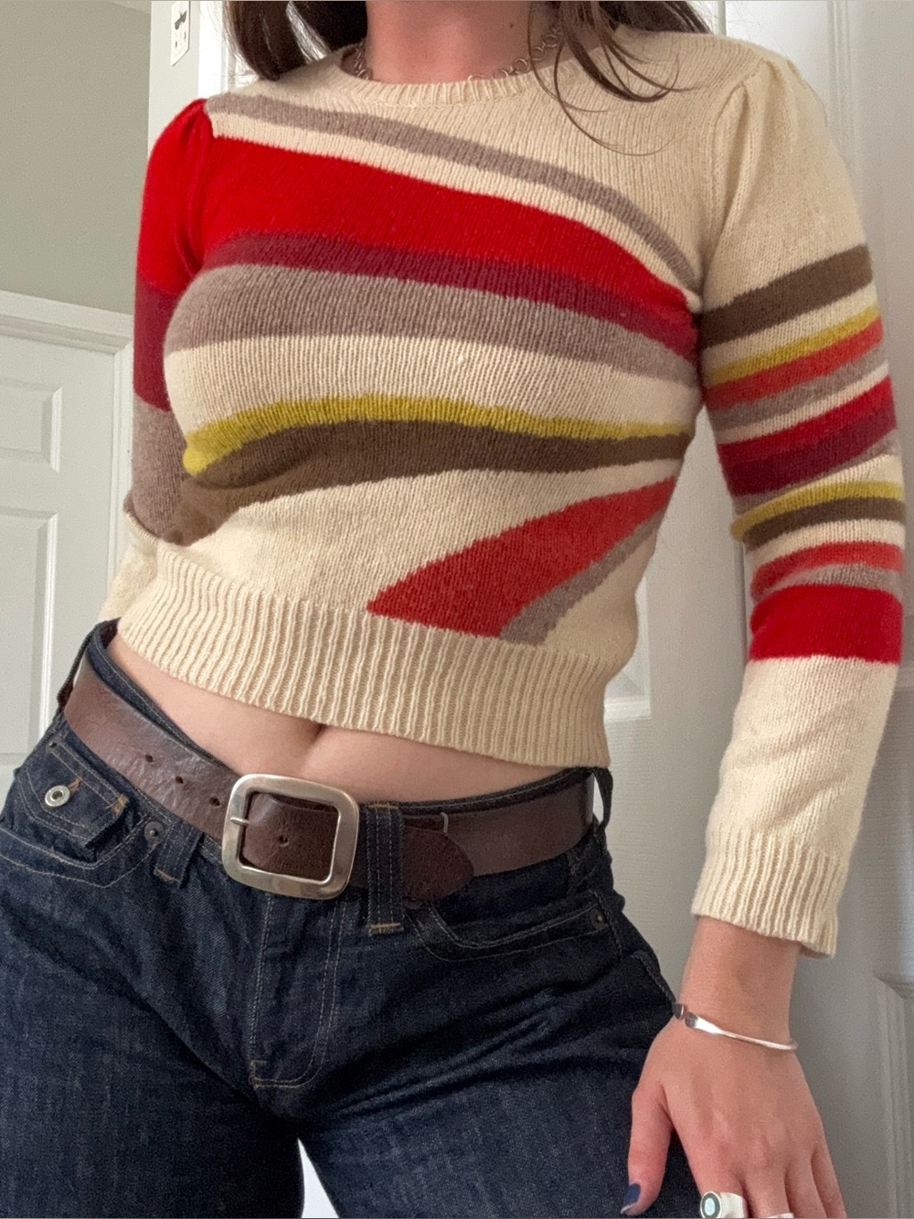 J. Crew Cream Crewneck Sweater with Red, Maroon, Yellow & Brown Stripes